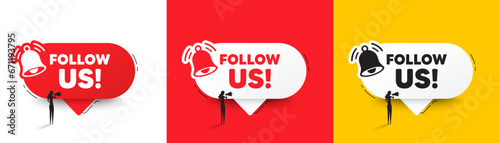 Follow us tag. Speech bubbles with bell and woman silhouette. Special offer sign. Super offer symbol. Follow us chat speech message. Woman with megaphone. Vector