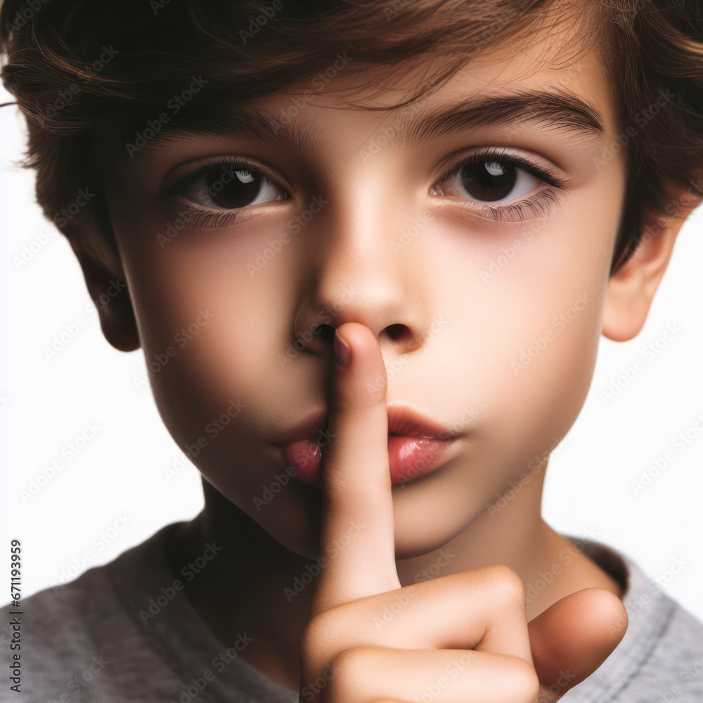 Portrait of young beautiful cute boy child hold finger on lips showing silence on white background. ai generative Portrait of young beautiful cute boy child hold finger on lips showing silence on white background. ai generative