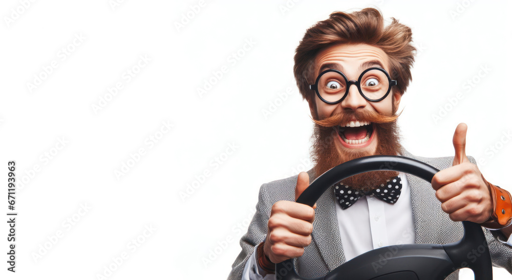 Portrait of funny guy with hands hold steering car wheel isolated on white background. ai generative Portrait of funny guy with hands hold steering car wheel isolated on white background. ai generative