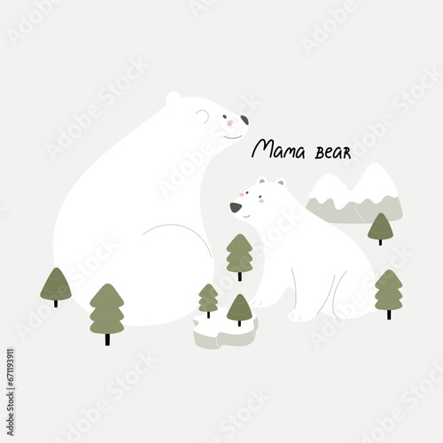 Mama bear. Cartoon polar bears, hand drawing lettering. Colorful vector illustration, flat style. design for greeting cards, print, poster