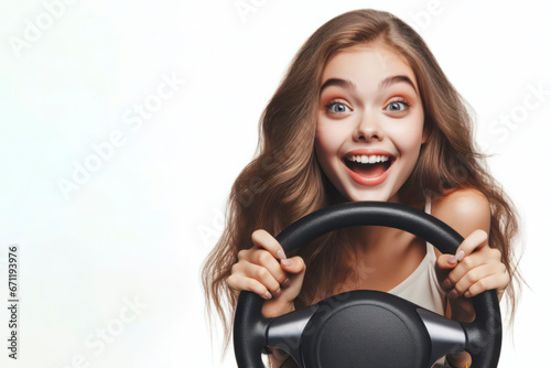 Portrait of funny Girl with hands hold steering car wheel isolated on white background. ai generative