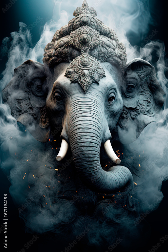 A hindu god Ganesha. Incense smoke. Generative AI - obrazy, fototapety, plakaty 