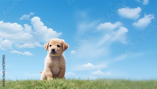 Cute golden retriever puppy sitting on the green grass and blue sky background photo