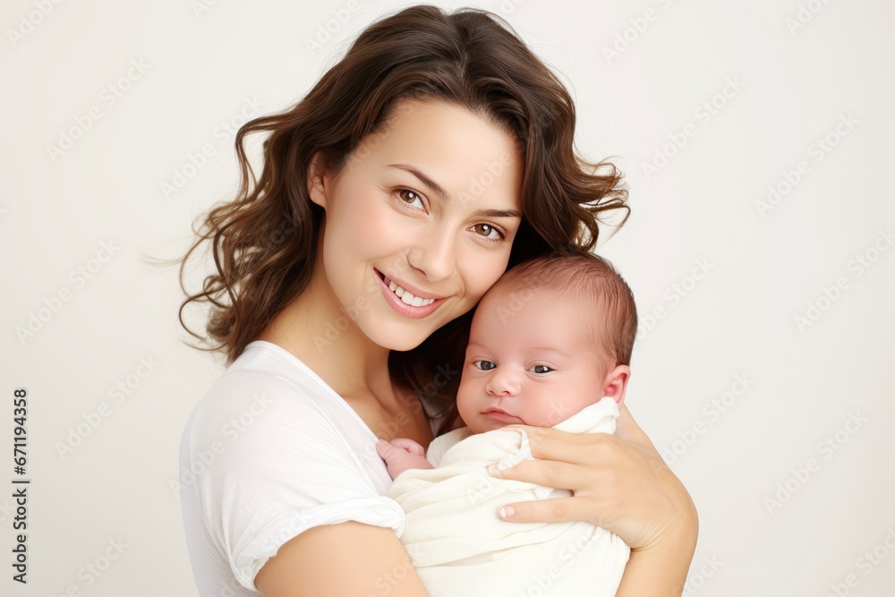 Young mother lovingly cradles her newborn baby in her arms Young mother lovingly cradles her newborn baby in her arms