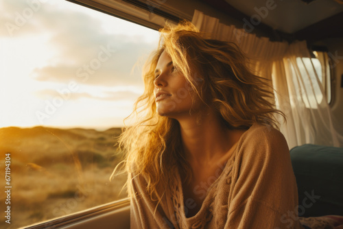 Model woman looking out the window in her camper car photo