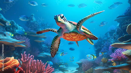 a turtle swimming in the ocean with many fish around it and a coral reef in the background with a school of fish