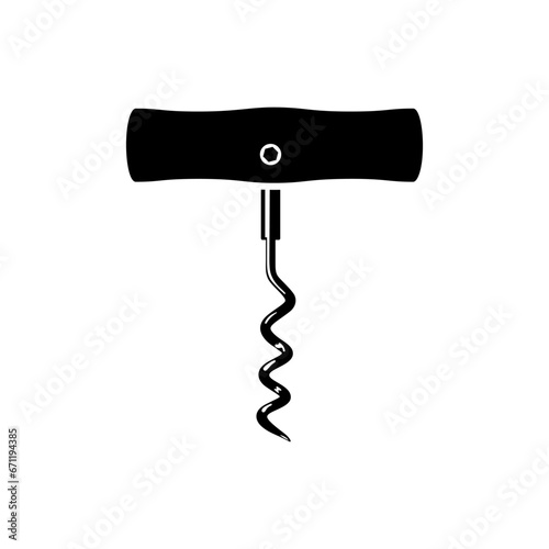 Corkscrew black icon for wine bottle isolated on white background. Old corkscrew with wooden handle. Vector illustration flat design. Isolated on white background.