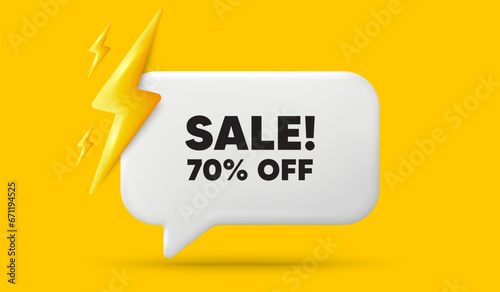 Sale 70 percent off discount. 3d speech bubble banner with power energy. Promotion price offer sign. Retail badge symbol. Sale chat speech message. 3d offer talk box. Vector