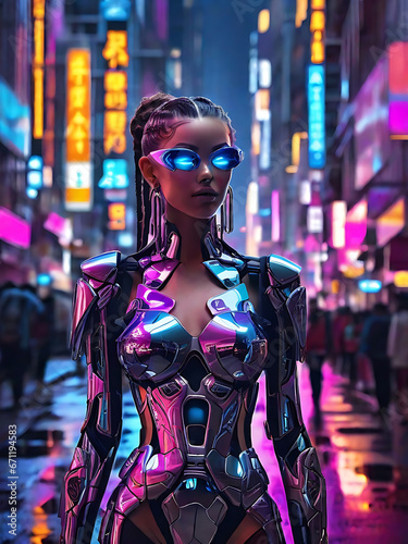 A sexy girl in a metallic dress on a glittering street.Generative Ai