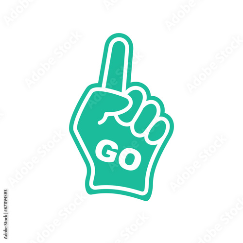 Foam fingers Go. Number one, fan hand glove with green finger raised. Foam hand. Sport supporting. Hand up with word Go. Vector illustration flat design. Isolated on a white background.