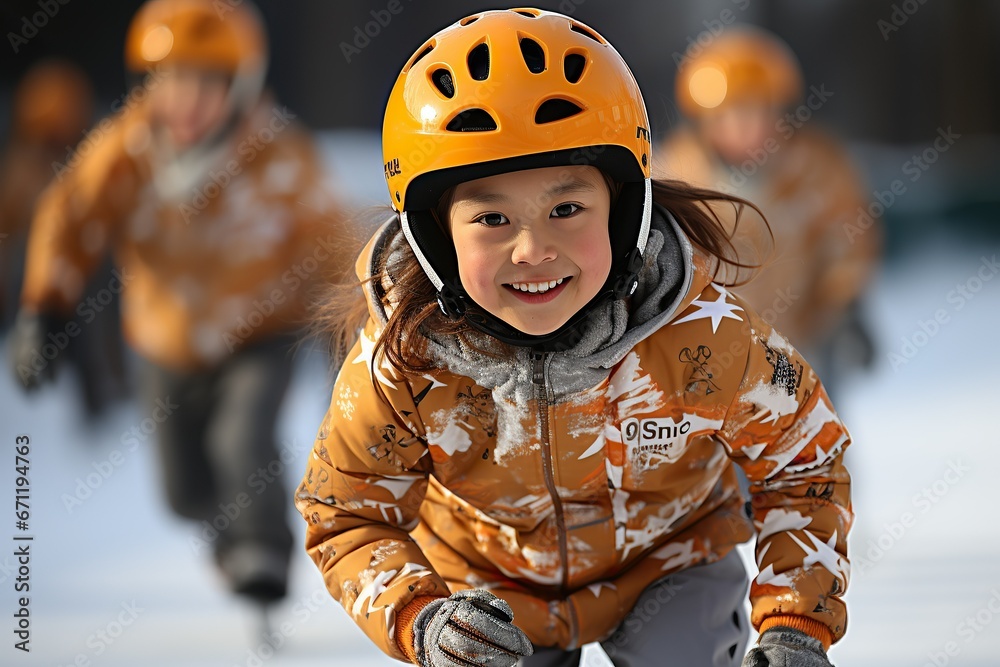 Active winter: skater in orange helmet and jacket Active winter: skater in orange helmet and jacket
