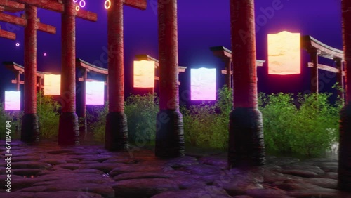 Mystical scene with neon glowing lanterns, red torii gates, stone path.