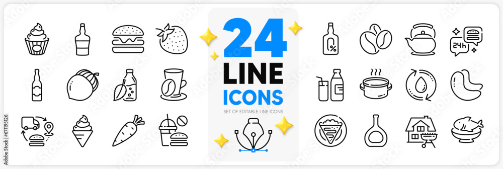 Icons set of Saucepan, Burger and Scotch bottle line icons pack for app with Milk, Home grill, Ice cream thin outline icon. Seafood, Coffee beans, Cake pictogram. Teapot, Cashew nut. Vector