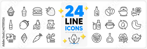 Icons set of Saucepan, Burger and Scotch bottle line icons pack for app with Milk, Home grill, Ice cream thin outline icon. Seafood, Coffee beans, Cake pictogram. Teapot, Cashew nut. Vector