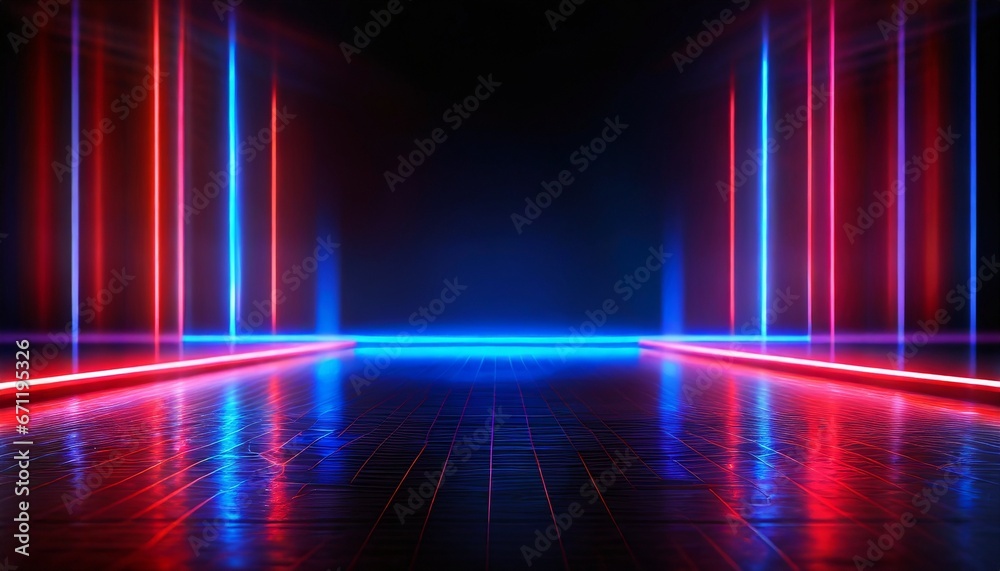 Dark studio with bright blue, red and white neon lights. Empty black space for text