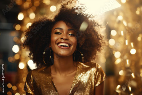 Smiling Afro American model in a golden dress celebrating New Year s Eve.