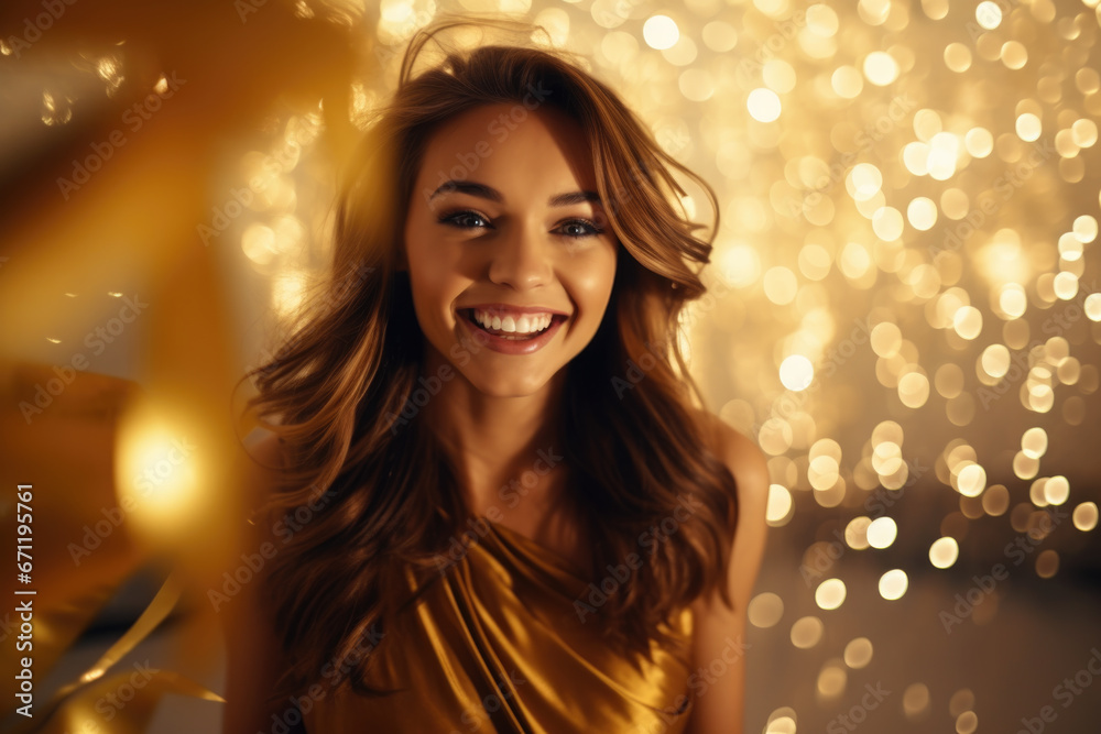 model in gold dress smiling and celebrating the end of the year