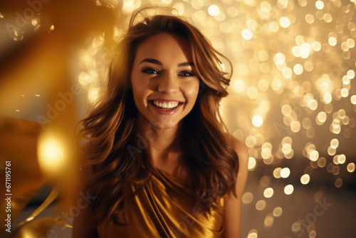 model in gold dress smiling and celebrating the end of the year © jfStock