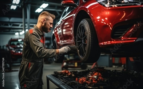 A male worker in uniform that is repairings an automobile