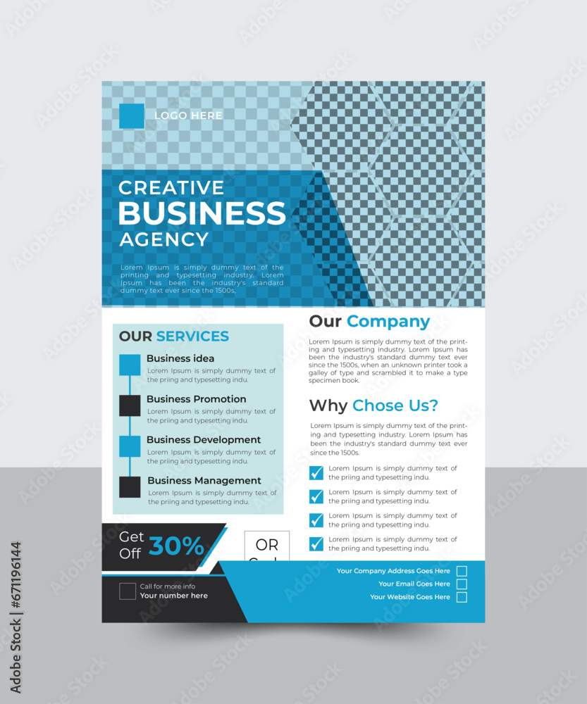 Creative Corporate & Modern Business Flyer with amazing Design. Combination of blue, black and white color. Perfect for marketing, business proposal, promotion, advertise.....