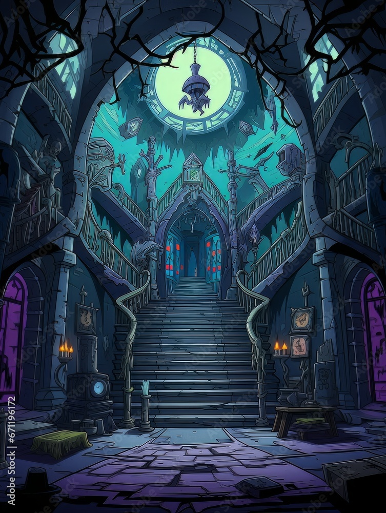 Cartoon creepy room in haunted castle. AI Cartoon creepy room in haunted castle. AI