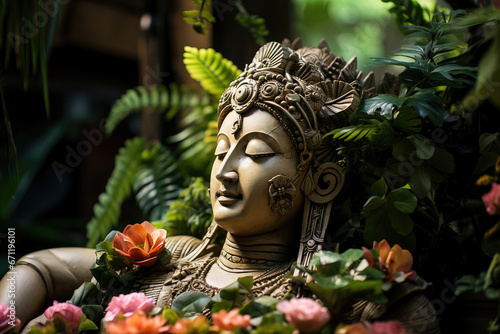 Detailed Balinese goddess statue with intricate carvings, surrounded by vibrant flowers and lush greenery in a serene setting.