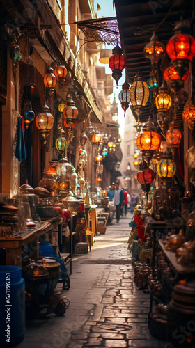 A bustling Moroccan bazaar with vibrant textiles, aromatic spices, and merchants haggling, © Abdullah