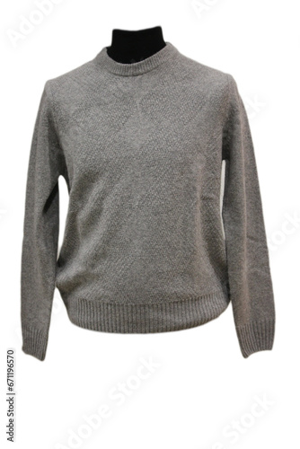 mannequin wearing gray men's wool sweater on isolated background