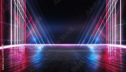Dark studio with bright blue  red and white neon lights. Empty black space for text