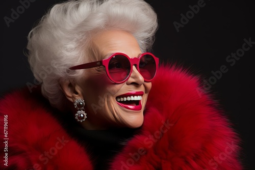 Cheerful Elderly Woman Radiates Holiday Joy in Festive Red Costume. Happy senior in red laughing. © Viktoria