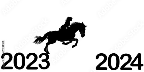 Happy New Year concept with black silhouette of Jockey riding horse jumping from 2023  to 2024