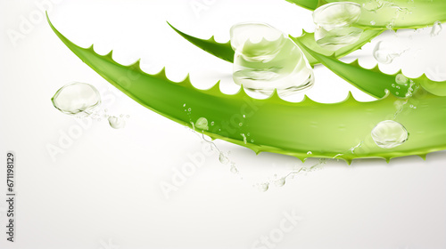 William Morris wallpaper styled flying aloe vera slices atop white background for skin treatment concept.