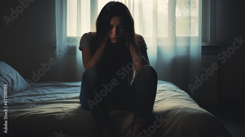 Lonely woman feeling depressed and stressed. Mental struggle with thoughts about suicide. Dark emotions and feelings from depression, anxiety, bipolar and Schizophrenia. Female in breakdown moment. © TensorSpark
