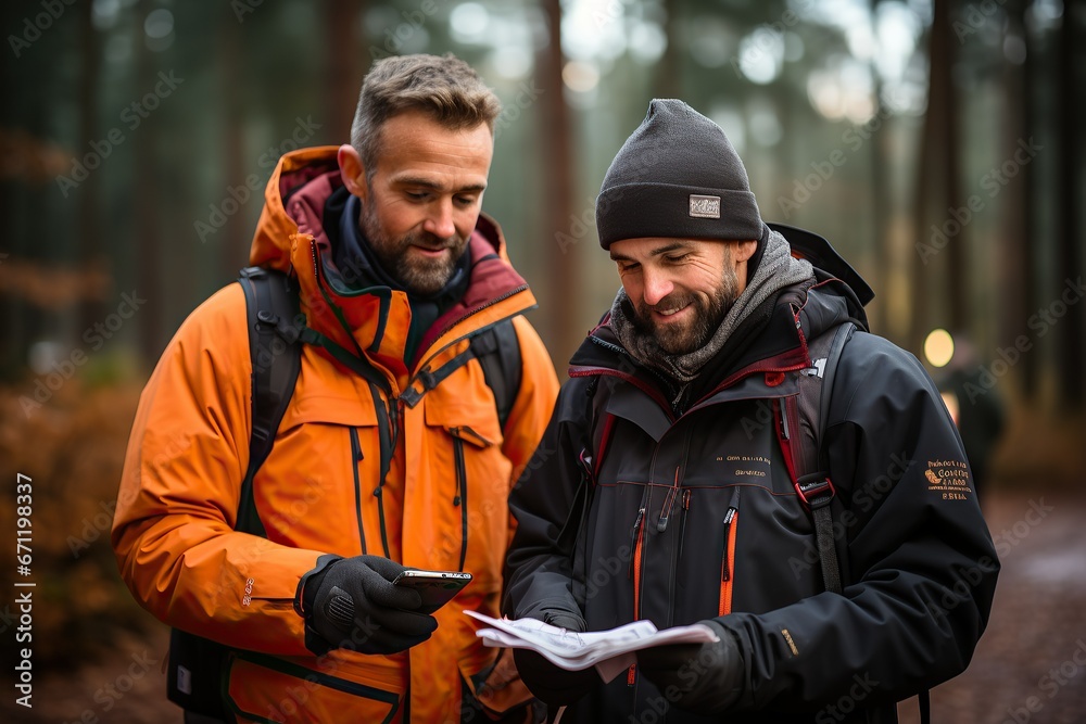 Into the woods: Hikers plotting course on map Into the woods: Hikers plotting course on map