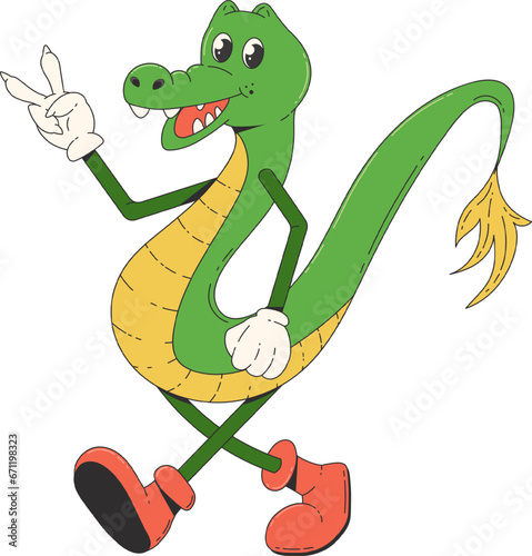 New Year dragon, the symbol of 2024, shows two fingers with peace sign in a cartoon groove style. Vector illustration in retro style of the 60s, 70s, 80s © Sonika