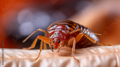 High-grade image of Cimex hemipterus - bedbug on bedspread. © ckybe