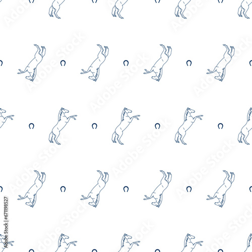 Line illustration of a horse, horseshoes, seamless vector pattern