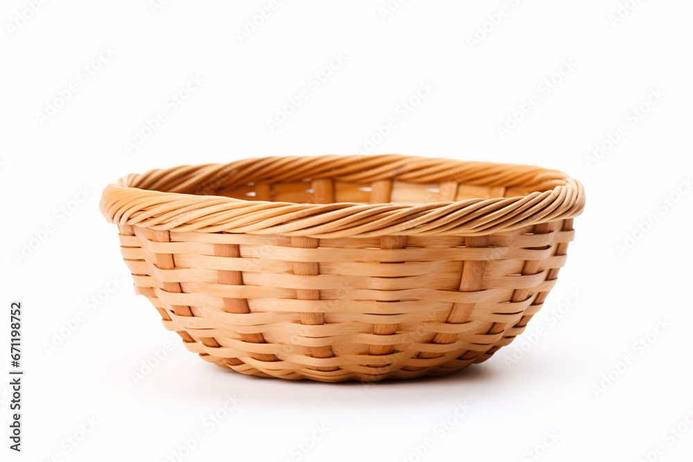 An isolated wooden basket filled with either fruits or loaves of bread rests on a pristine white background..A wood-crafted receptacle with either produce or bread sits on a bright white surface.