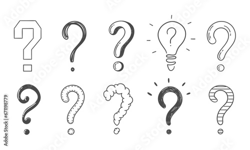 Hand drawn question marks, doodle set collection