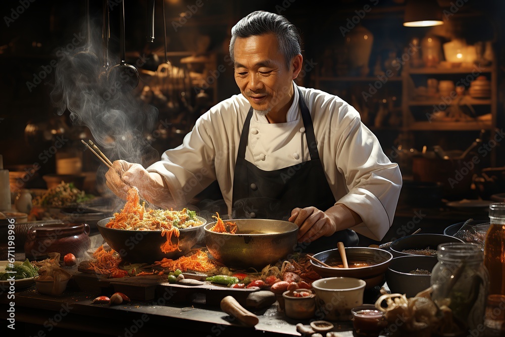 A calm chef skillfully cooks traditional food in a lively kitchen A calm chef skillfully cooks traditional food in a lively kitchen