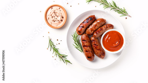 Succulent sausages grilled on white platter topped with rosemary and condiments, top viewpoint, room for text.