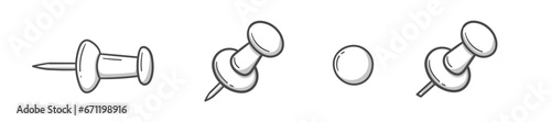 Set of doodles with a stationery pin. Hand drawn vector illustration. Navigation button. Paper fixing needles