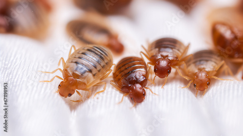 Adult bugs, larvae, and eggs of loathsome leeching critters scattered across mattress cloth.