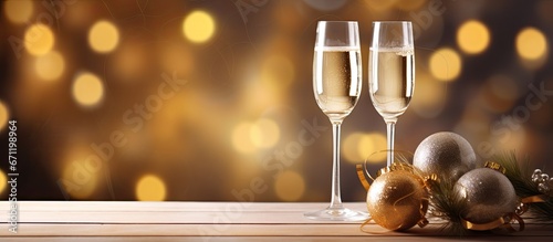 A combination of Christmas ornaments and a pair of champagne flutes placed on a vibrant backdrop