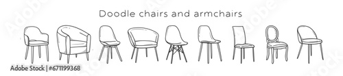 a set of chairs and armchairs drawn in a doodle sketch. vector illustration.