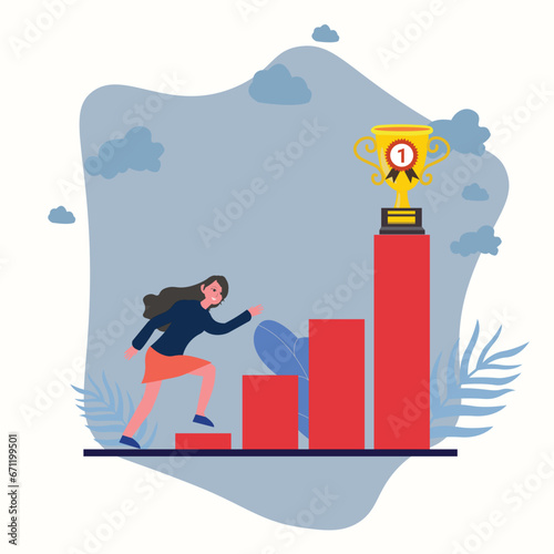 Businesswoman is about to reach to her goal , young woman standing with business award , female holding a victory trophy prize , Win contest Illustration