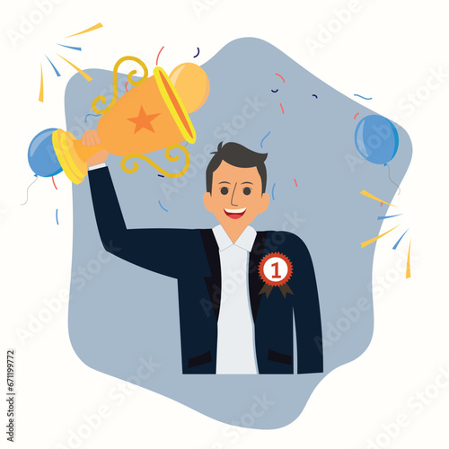 Vector businessman holding a golden trophy after winning the business competition , young boy holding a trophy , win competition illustration