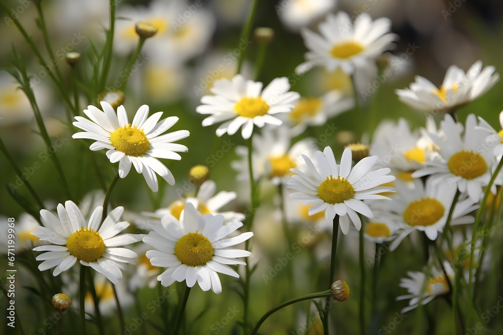 White daisies in the green grass. Shallow depth of field. Generative AI.