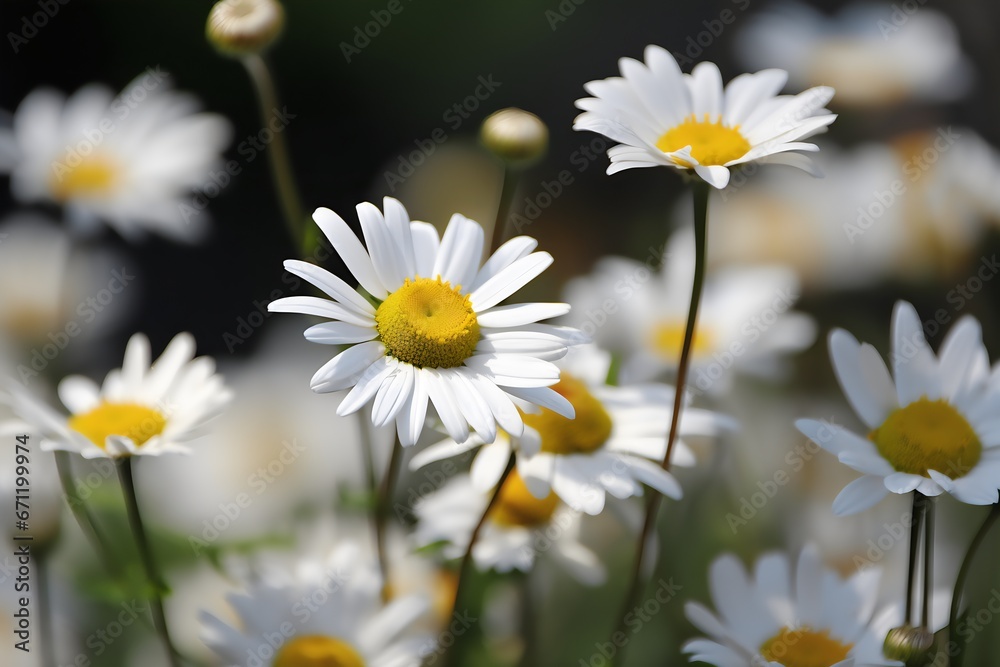 White daisies in the garden, shallow depth of field. Generative AI. White daisies in the garden, shallow depth of field. Generative AI.