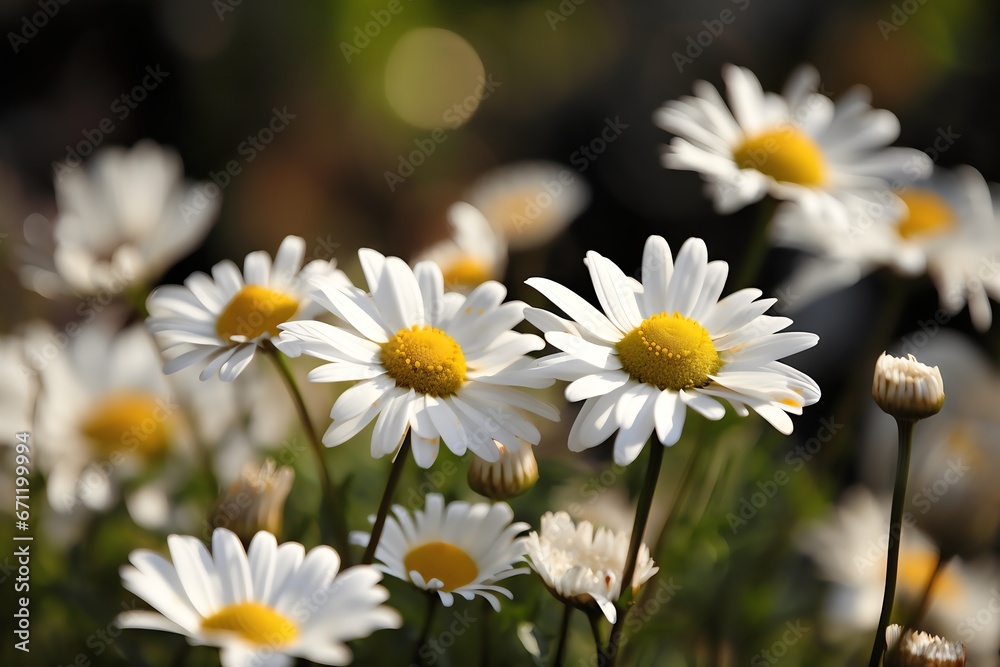 Fototapeta premium Daisy flowers in the garden on a sunny day. Chamomile field. Generative AI.